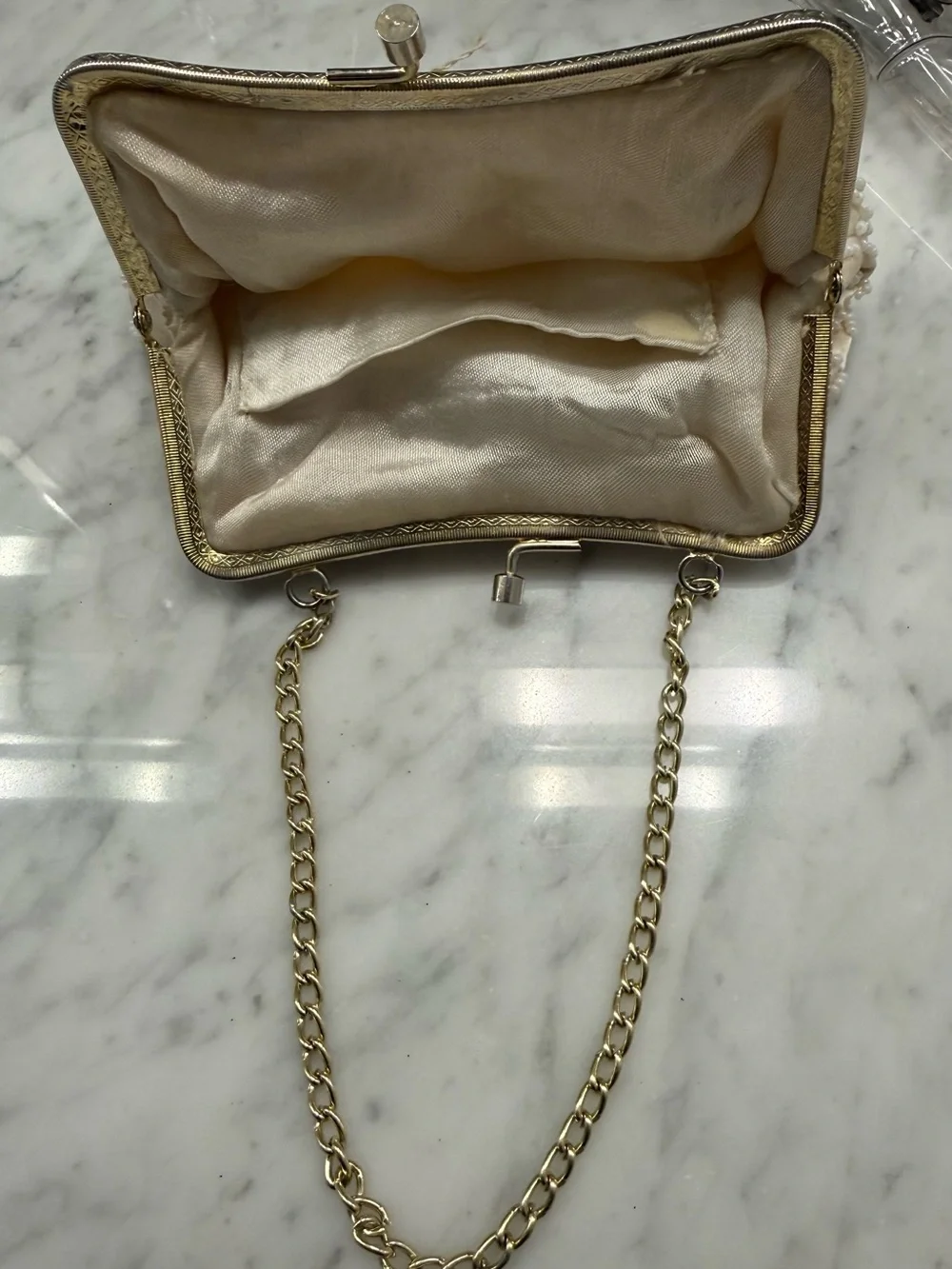 Vintage Beaded Cream Evening Handbag with Chain Handle